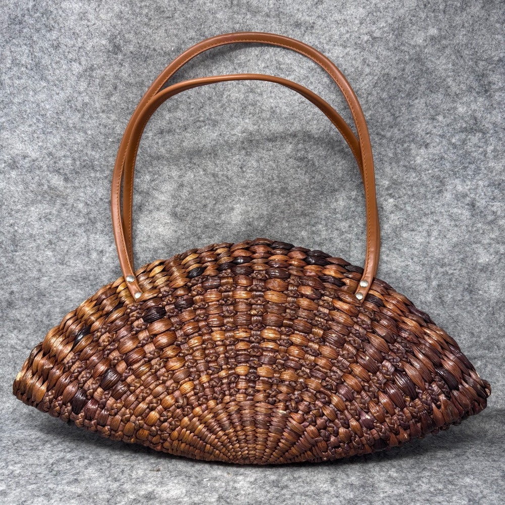 Handmade Crescent Basket Shoulderbag Purse Woven Rattan Wicker Brown Resortwear - Picture 3 of 10